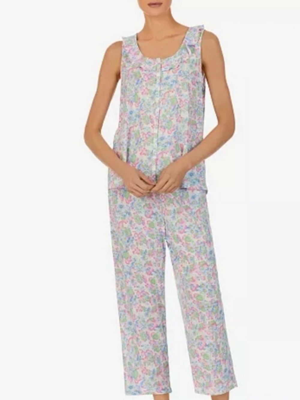 Lauren Ralph Lauren Floral Sleeveless Ruffle Neck Button Down Capri Pajamas  XL